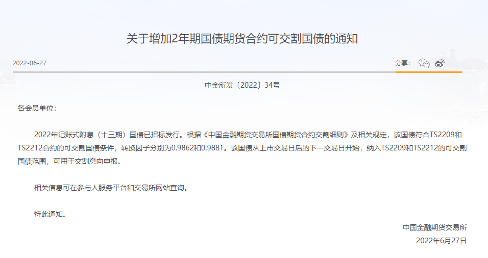 中国金融期货交易所增加2年期国债期货合约可交割国债