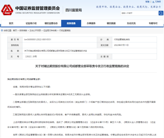 内部控制存在缺陷 瑞达期货一营业部多项违规遭监管责令改正