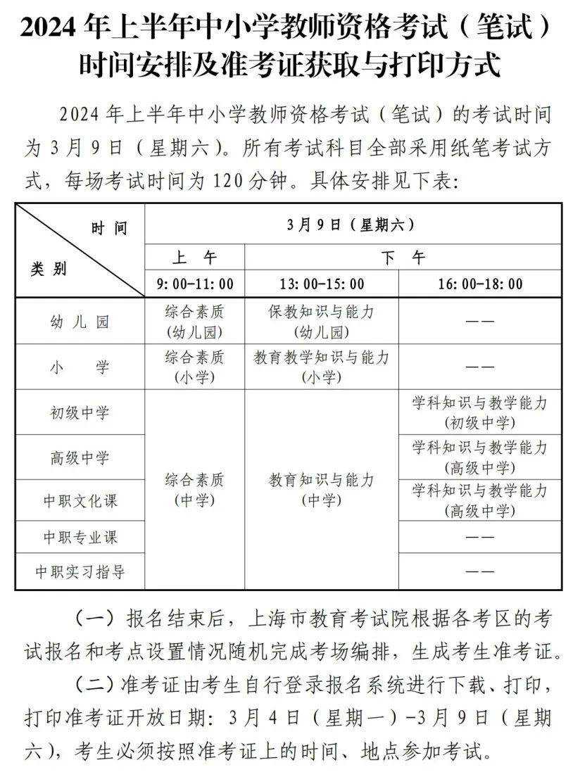 2024年上半年中小学教师资格考试（笔试）上海考区报名公告